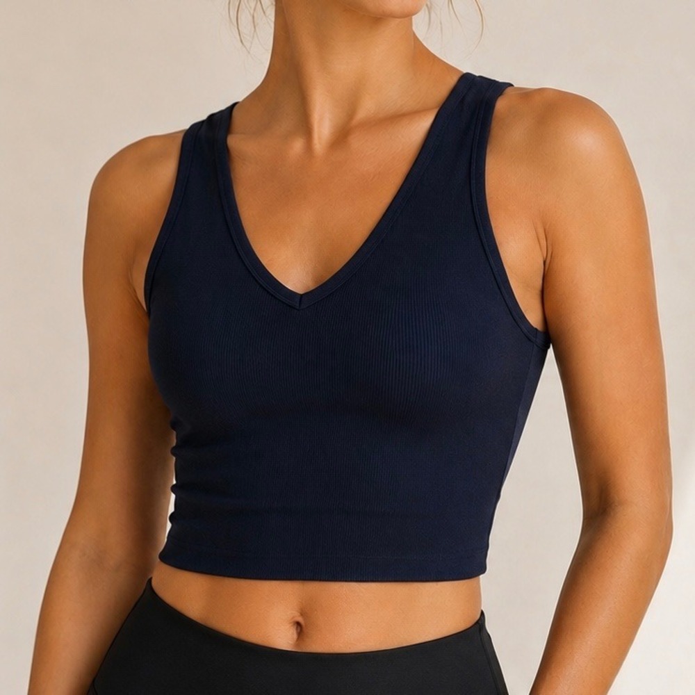 90 Degree by Reflex Navy Ribbed‎ Cropped Athletic Tank Top Athleisure Yoga XS/S